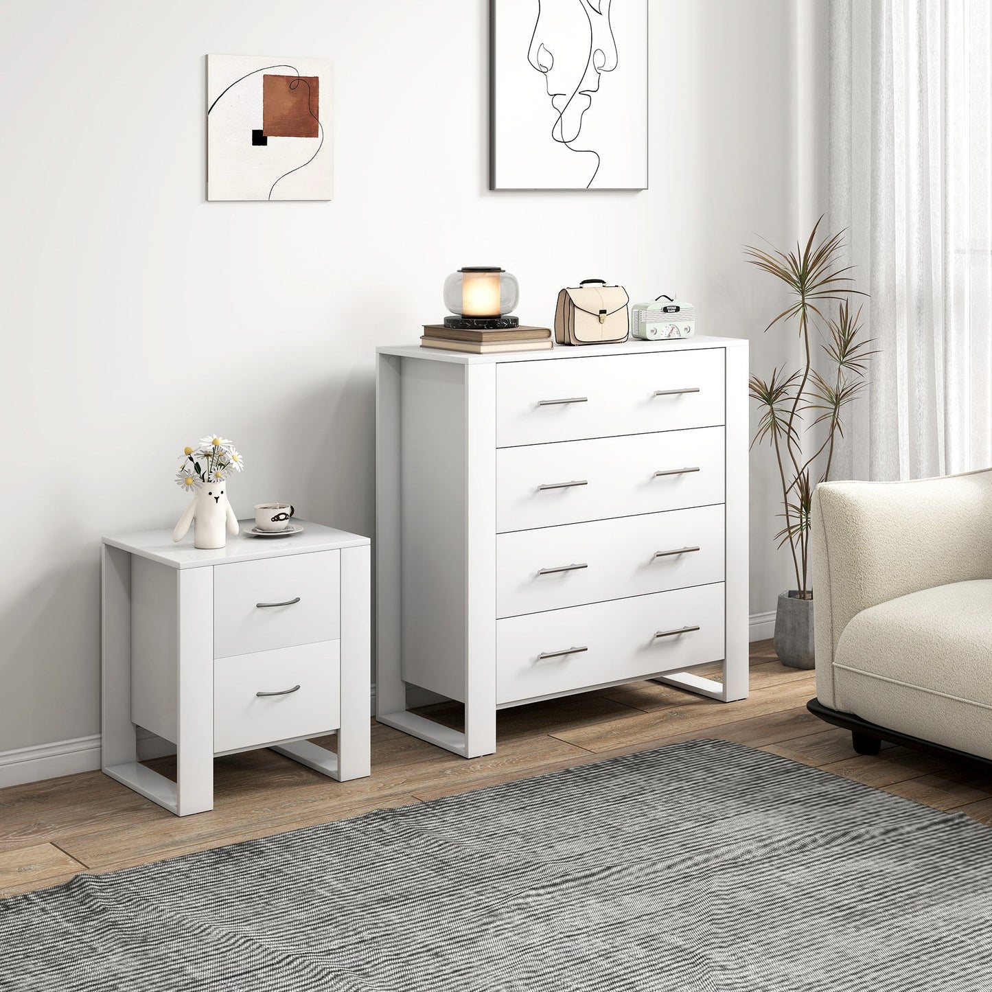 HOMCOM Bedroom Furniture Set, Drawer Chest and Nightstand, Modern White