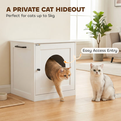 PawHut Cat Litter Box Enclosure, Hidden Litter Box Furniture with Side Hook, Wooden Cat Washroom Storage Cabinet, White