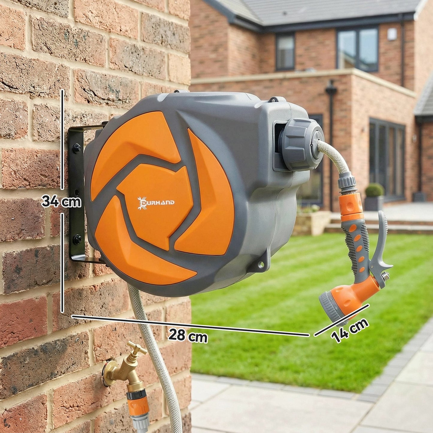 DURHAND 10m Garden Hose Reel Wall Mounted Auto Rewind with 7 Patterns Spray Nozzle, Includes Wall Fixings, Orange