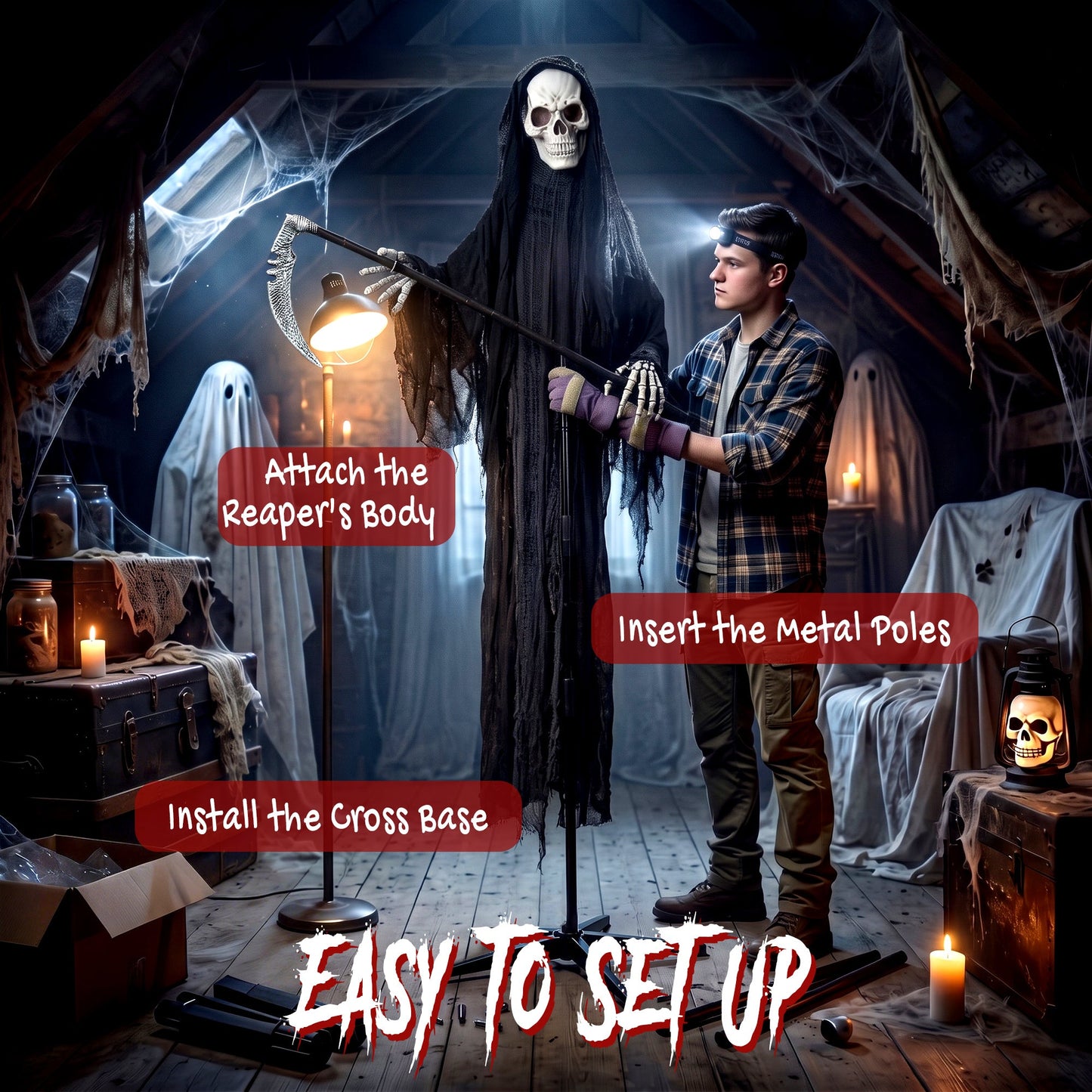 HOMCOM 183cm Life Size Animated Grim Reaper Halloween Decoration, Scary Halloween Animatronics Decor with Sound Touch Activated