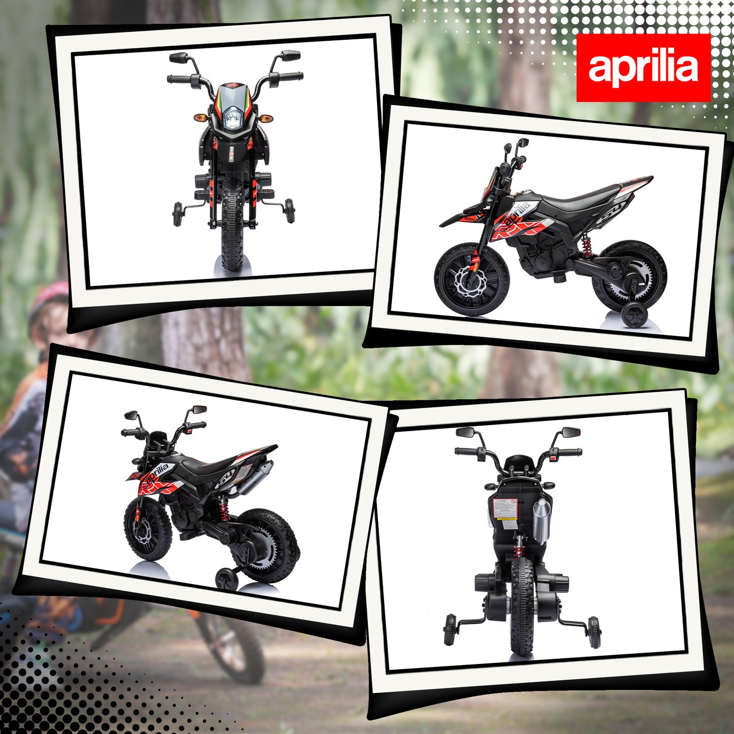 دراجة نارية للأطفال من AIYAPLAY، ١٢ فولت، مرخصة من Aprilia، مزودة بعجلات تدريب، ونظام تعليق زنبركي، ومصباح أمامي LED، وUSB، وموسيقى، لون أحمر/أسود