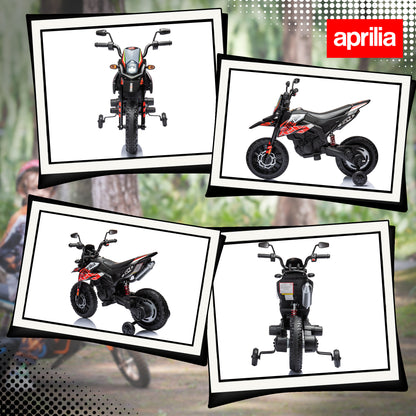 دراجة نارية للأطفال من AIYAPLAY، ١٢ فولت، مرخصة من Aprilia، مزودة بعجلات تدريب، ونظام تعليق زنبركي، ومصباح أمامي LED، وUSB، وموسيقى، لون أحمر/أسود