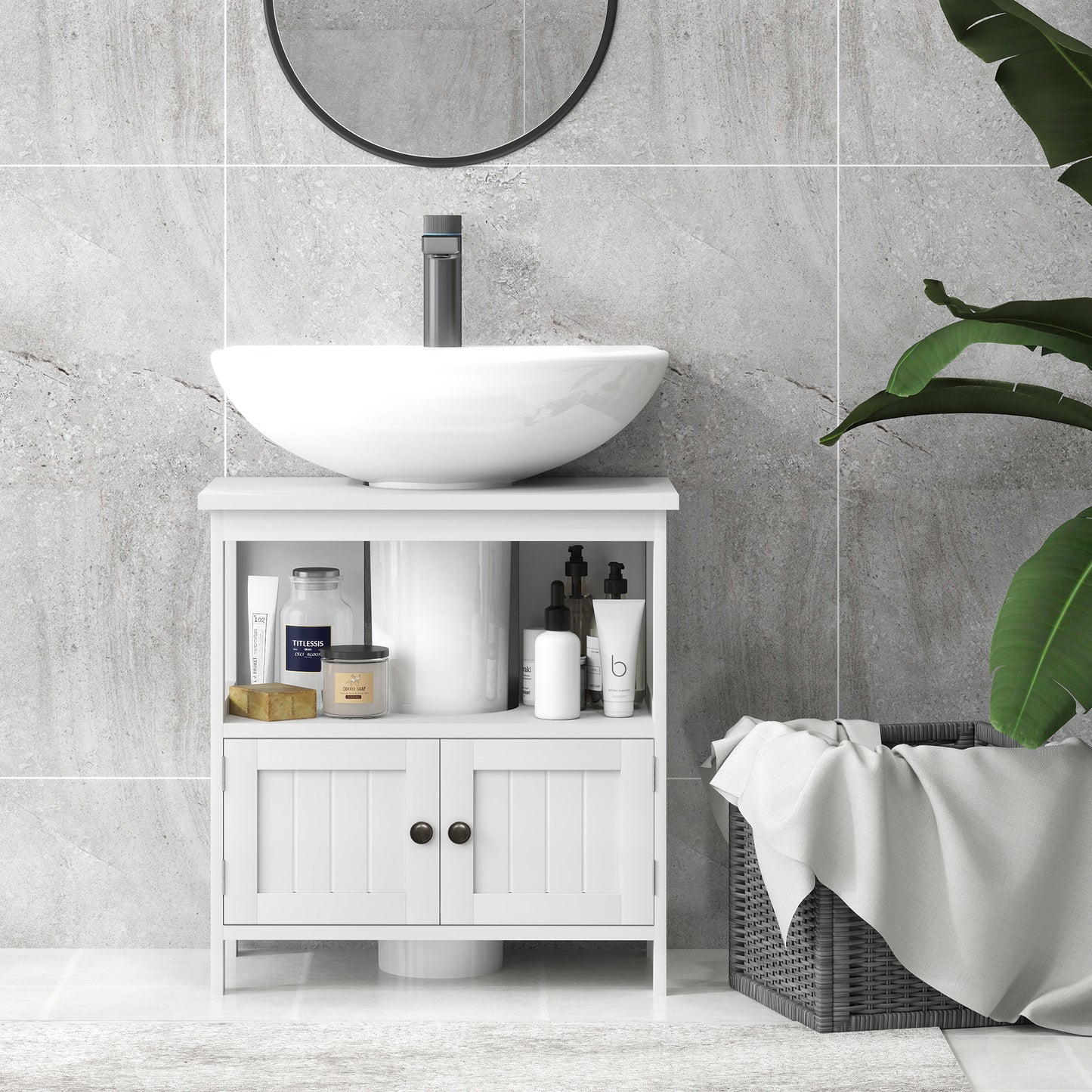 kleankin Pedestal Under Sink Cabinet with Double Doors, Modern Bathroom Vanity Storage Unit with Shelves, White