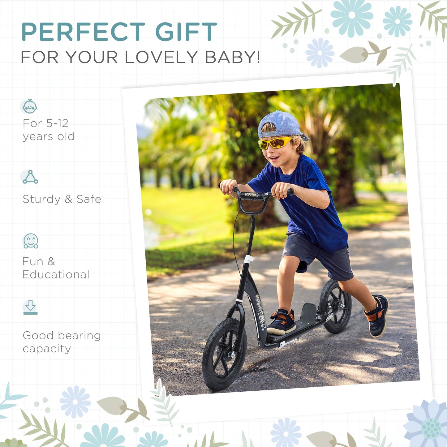 HOMCOM Kids Scooter Kick Scooter, with 12" EVA Tyres, Rear Brake, Big Wheels Scooter for 5-12 Years, Black