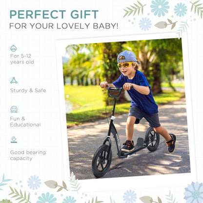 HOMCOM Kids Scooter Kick Scooter, with 12" EVA Tyres, Rear Brake, Big Wheels Scooter for 5-12 Years, Black
