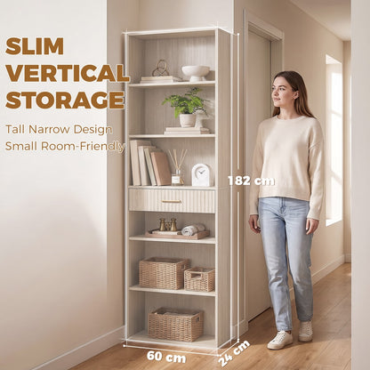 HOMCOM Bookcase Narrow Tall Space-Saving Bookshelf Drawer Open Shelves in Oak Wood Effect