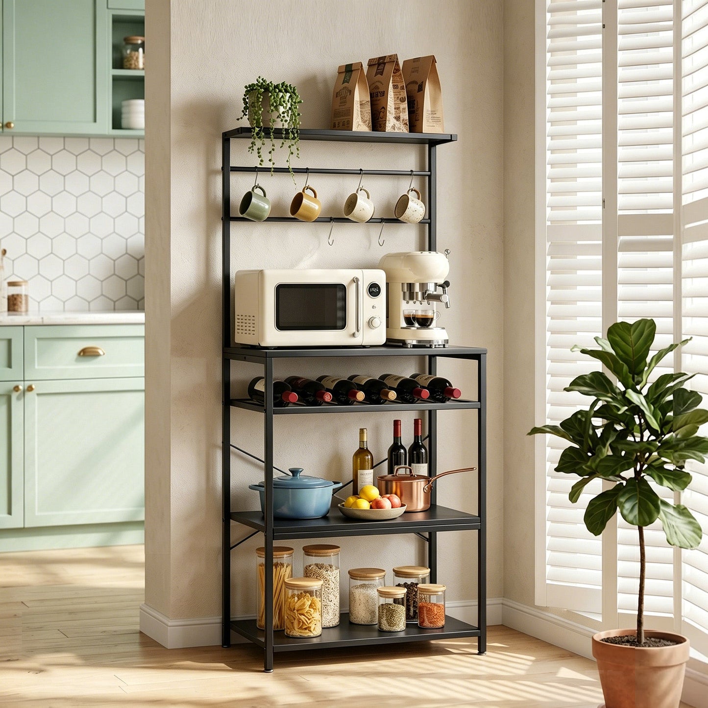 HOMCOM Freestanding Shelving Unit, Industrial Storage Shelf with 6 Hooks and Wine Rack for Living Room, Home Office, Black