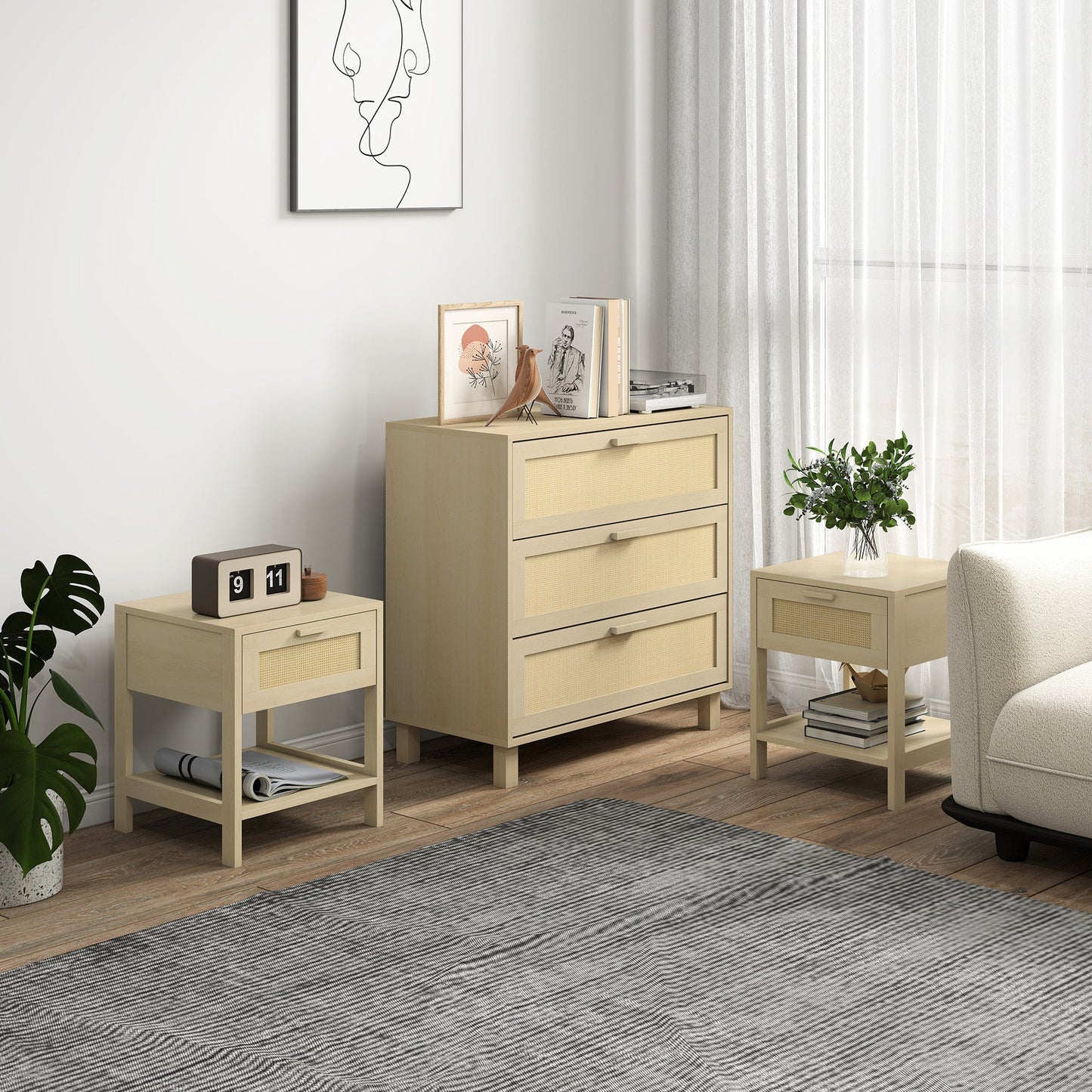 HOMCOM Chest of Drawer and Nightstands, Boho Rattan Furniture Set, Nature Wood Finish