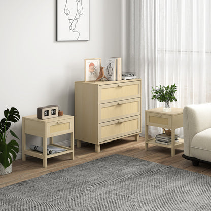 HOMCOM Chest of Drawer and Nightstands, Boho Rattan Furniture Set, Nature Wood Finish