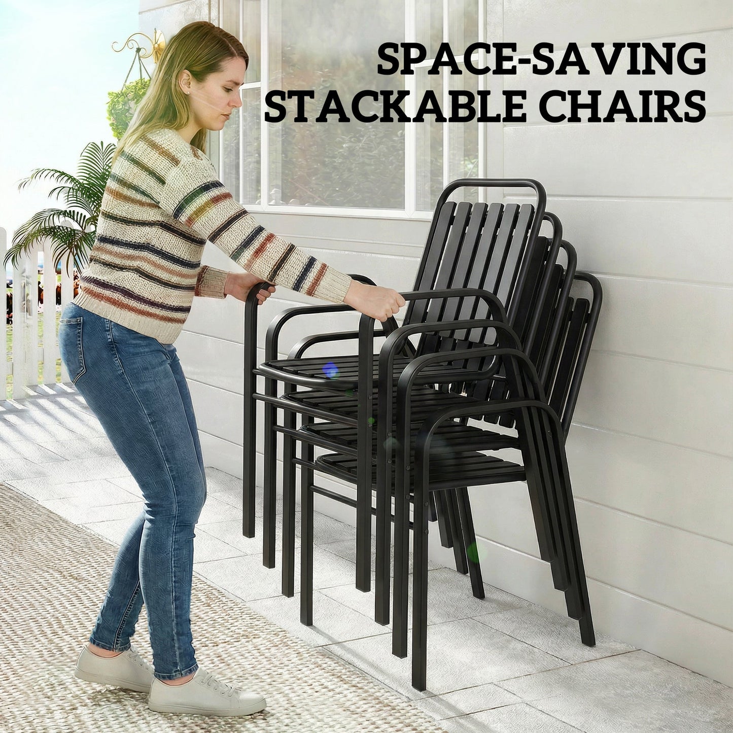 Outsunny 7 Pieces Outdoor Dining Set with Umbrella Hole, Garden Table and Chairs Set for 6 with Metal Table and Stackable Chairs