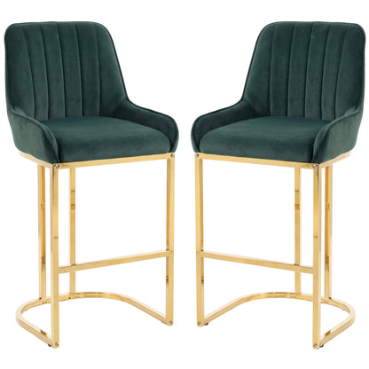 HOMCOM Bar Stools Set of 2 with Backrest, Footrest, Gold Electroplated Legs for Kitchen Island, Dining Room, Dark Green