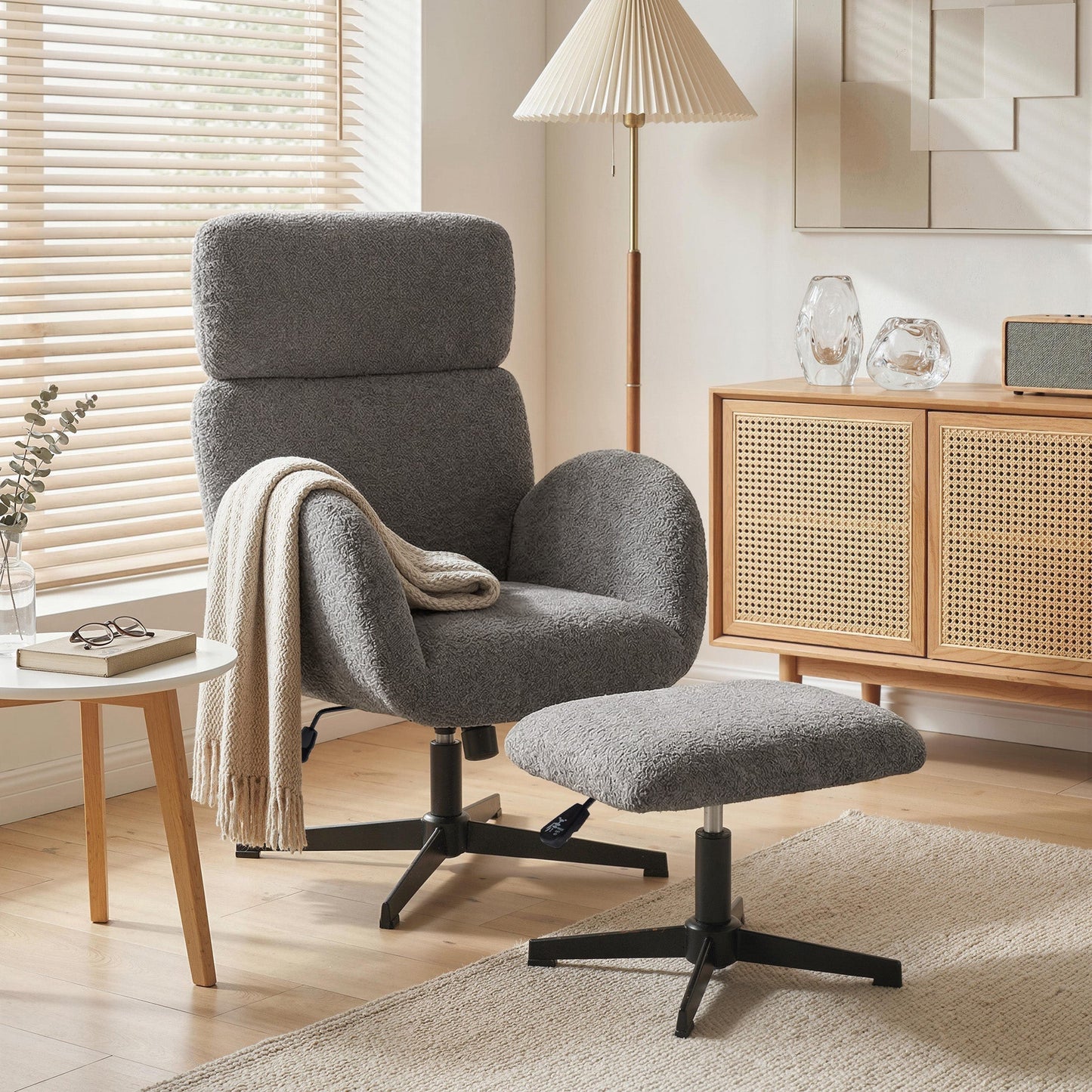 HOMCOM Swivel Armchair and Footstool Set, Height Adjustable Accent Chair with Adjustable Headrest, Rocking Function, Grey