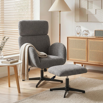 HOMCOM Swivel Armchair and Footstool Set, Height Adjustable Accent Chair with Adjustable Headrest, Rocking Function, Grey