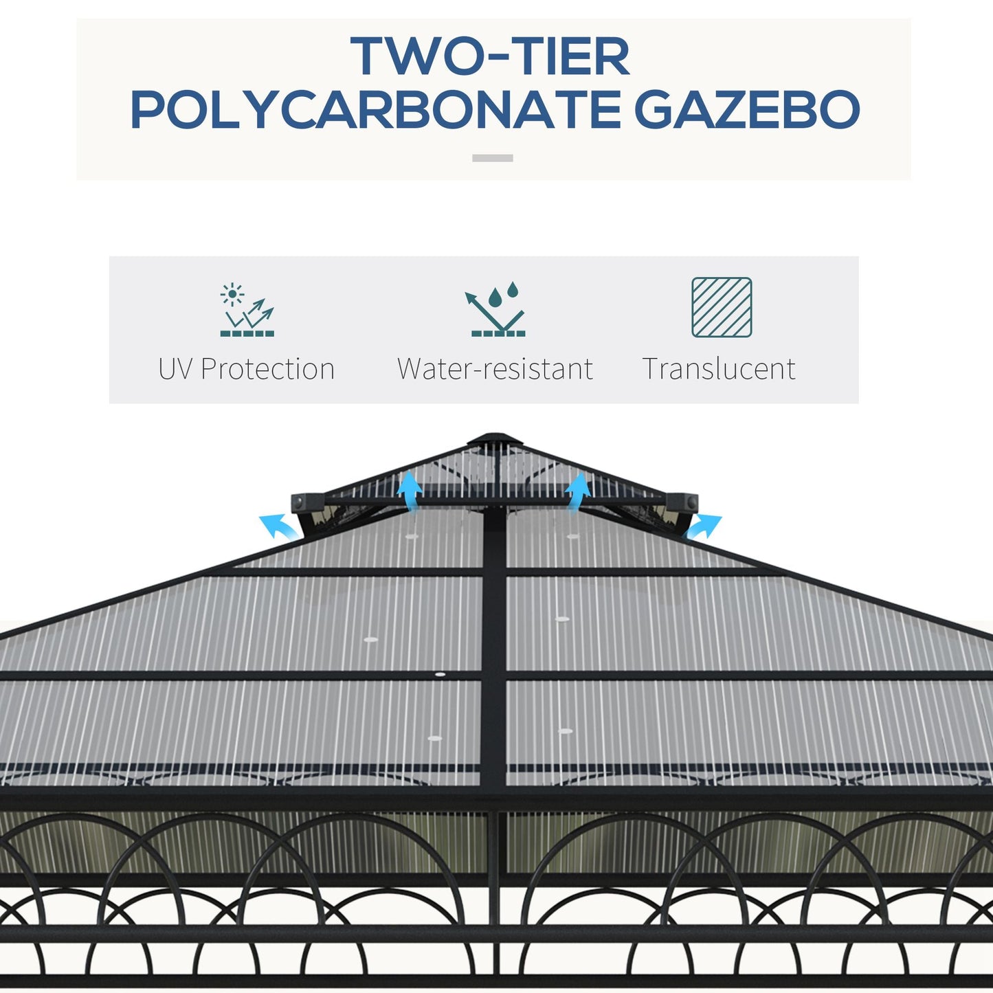 Outsunny 3 x 3 (m) Outdoor Polycarbonate Gazebo, Double Roof Hard Top Gazebo with Galvanised Steel Frame, Nettings & Curtains for Garden, Lawn, Patio and Deck, Khaki
