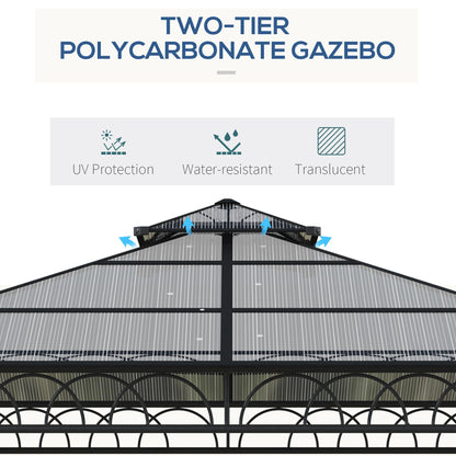 Outsunny 3 x 3 (m) Outdoor Polycarbonate Gazebo, Double Roof Hard Top Gazebo with Galvanised Steel Frame, Nettings & Curtains for Garden, Lawn, Patio and Deck, Khaki