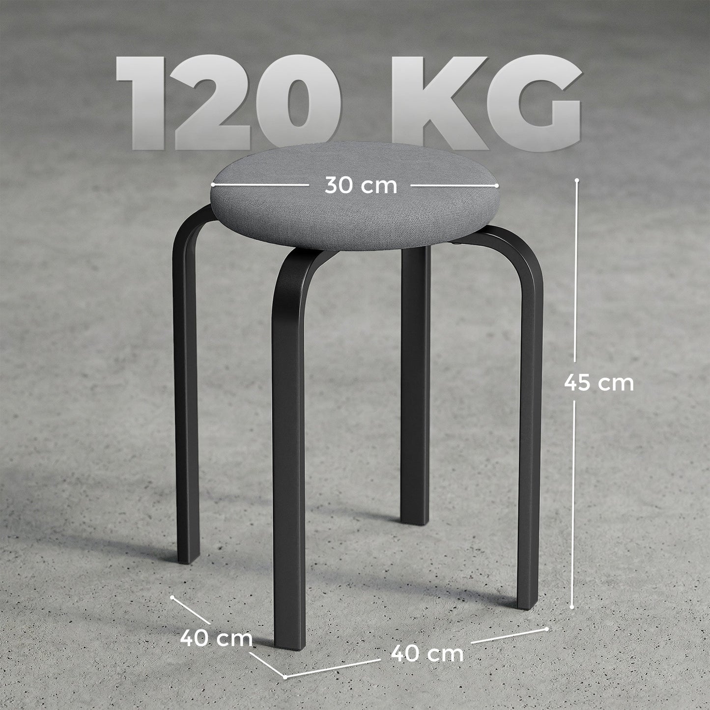 HOMCOM Stackable Stools Modern Cushioned Round Backless Stools Set of 4 Kitchen Dining Room Dark Grey