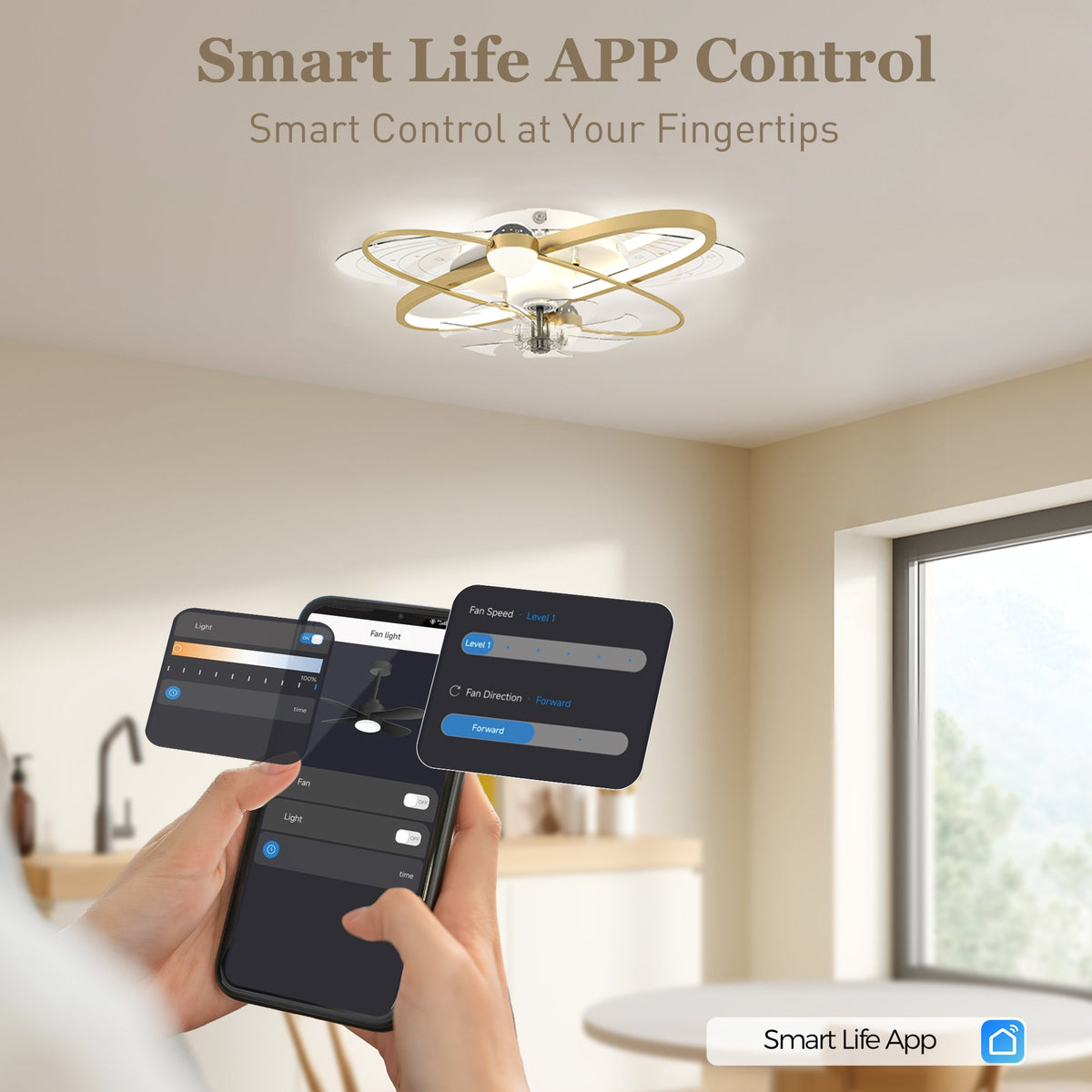 HOMCOM Ceiling Fan with Light and Remote, 3 Colour Temperatures, LED Mount Ceiling Fan Light for Bedroom, Gold Tone