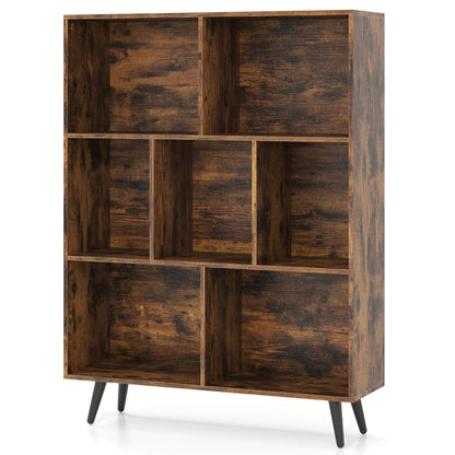 7-Cube Bookcase Mid Century Modern Storage Organizer with 4 Tapered Metal Legs-Coffee