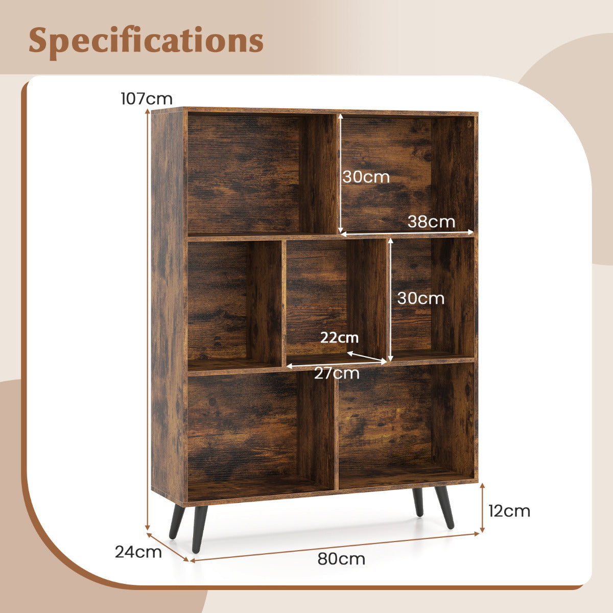 7-Cube Bookcase Mid Century Modern Storage Organizer with 4 Tapered Metal Legs-Coffee