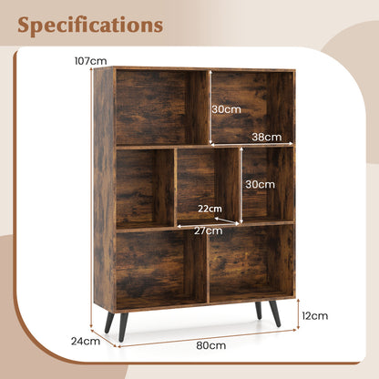 7-Cube Bookcase Mid Century Modern Storage Organizer with 4 Tapered Metal Legs-Coffee