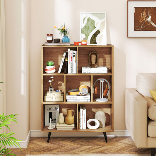 7-Cube Bookcase Mid Century Modern Storage Organizer with 4 Tapered Metal Legs-Natural