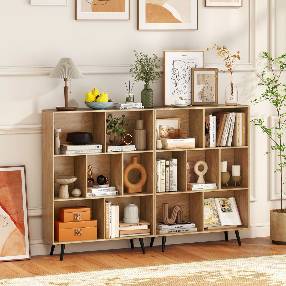 7-Cube Bookcase Mid Century Modern Storage Organizer with 4 Tapered Metal Legs-Natural