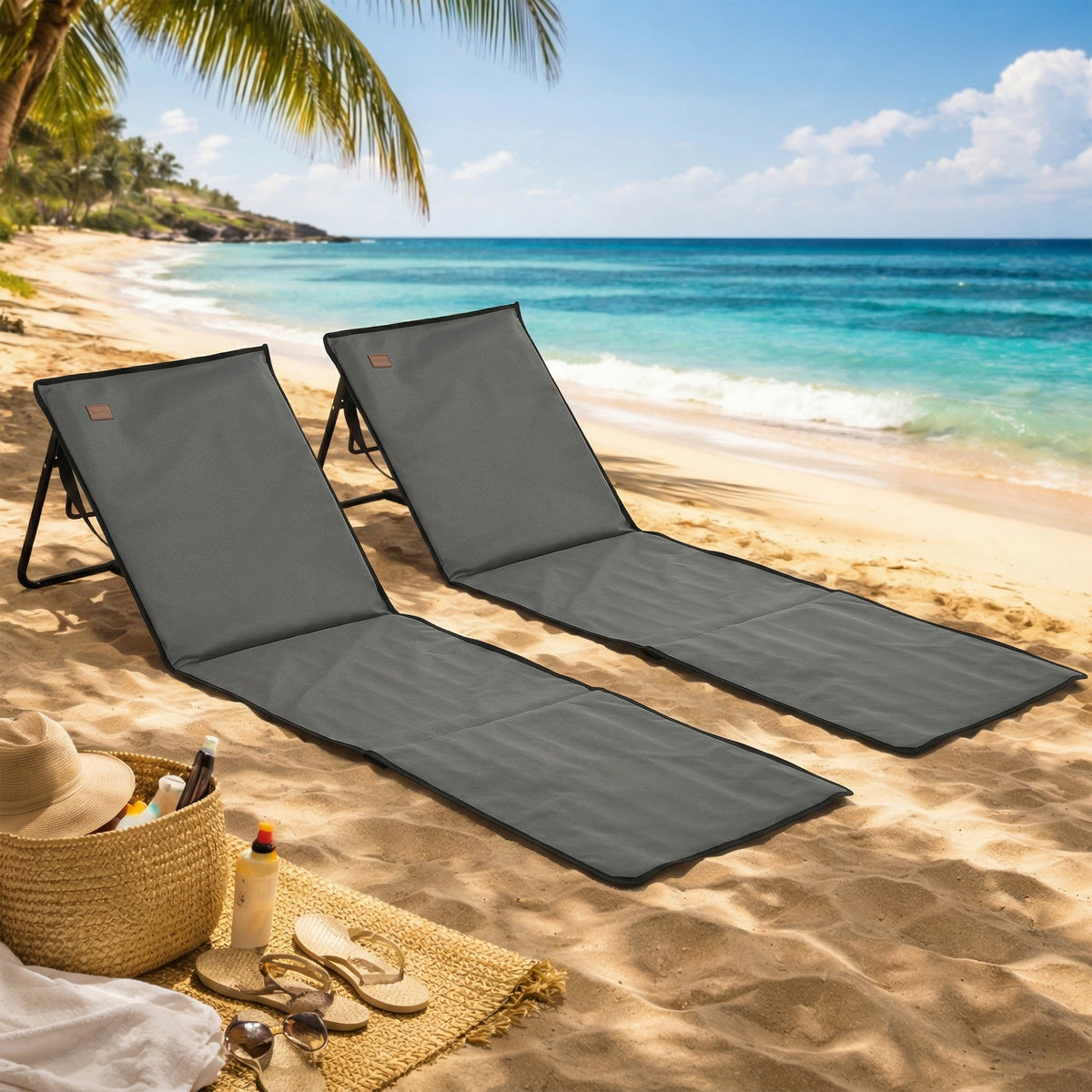 Outsunny Set of 2 Foldable Garden Beach Chair Mat in Black and Grey
