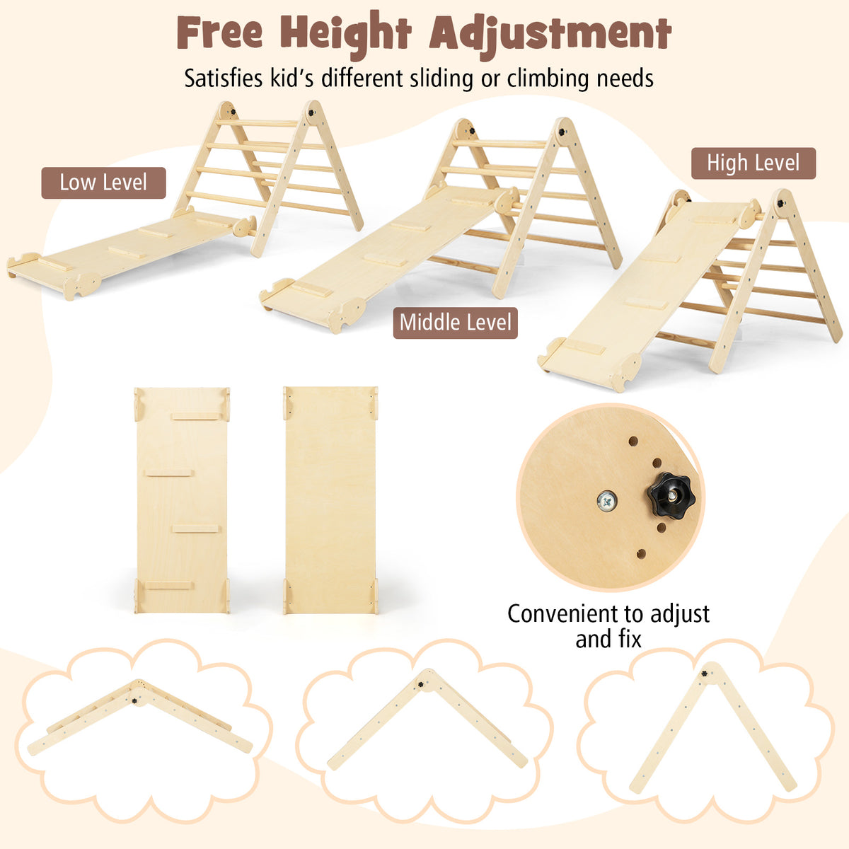 Diagram showing height adjustment options for the wooden climbing frame
