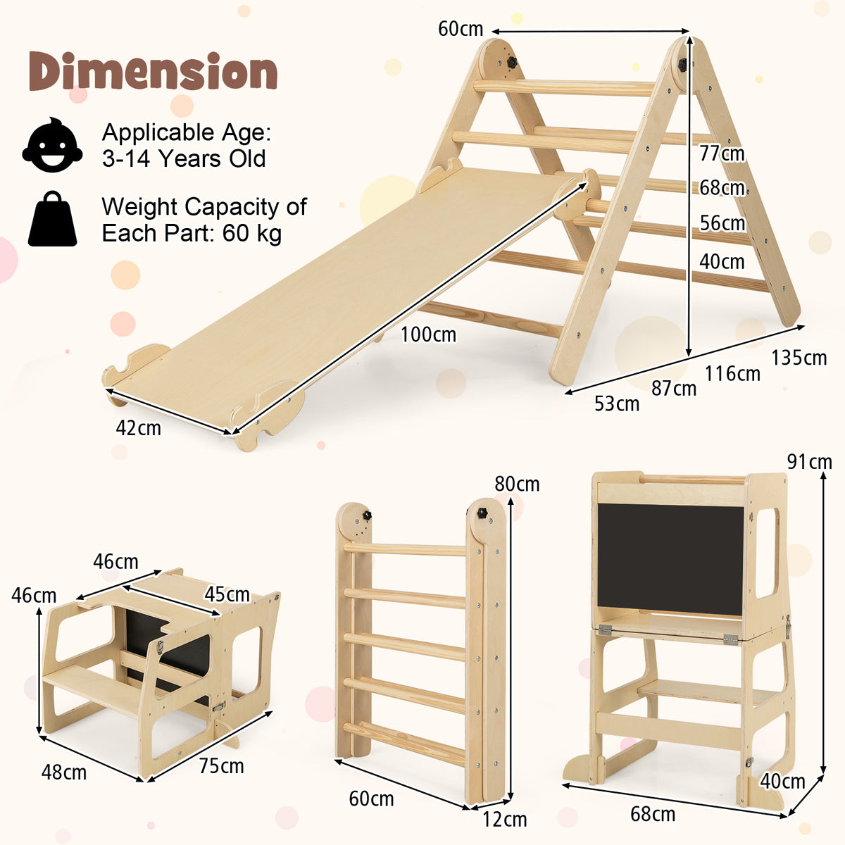 Dimension diagram for the wooden climbing frame and step stool set