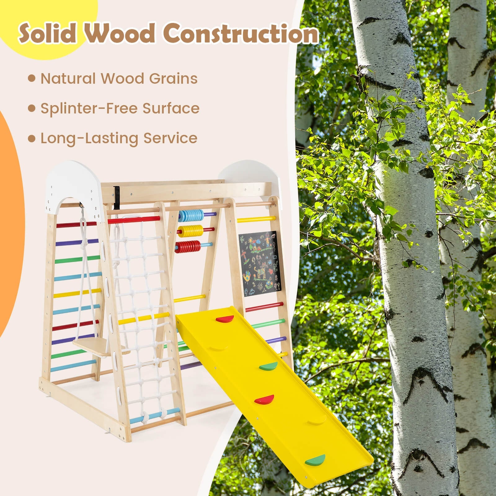 7-in-1 Wooden Climbing Toy Set for Toddlers with Monkey Bars and Blackboard-Colourful