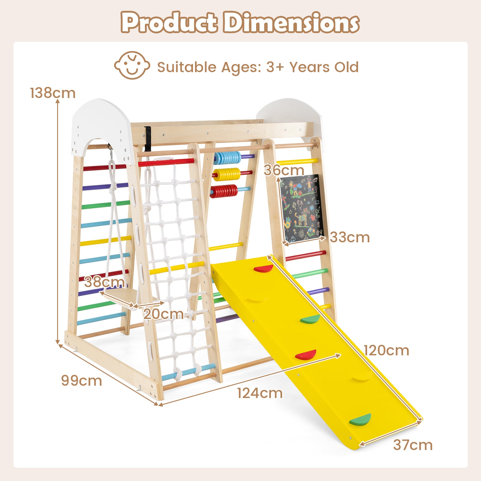 7-in-1 Wooden Climbing Toy Set for Toddlers with Monkey Bars and Blackboard-Colourful