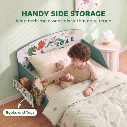 AIYAPLAY Toddler Bed with Bedside Storage and Guard Rails for 3-8, Fits 140 x 70 x 10cm Mattress, Green Dinosaur Print