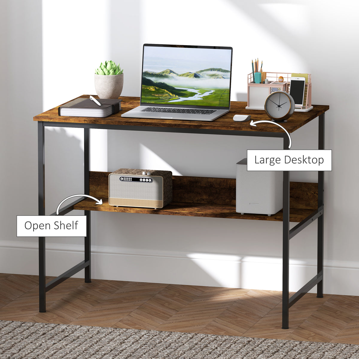 HOMCOM 2-Tier Computer Desk in Rustic Brown