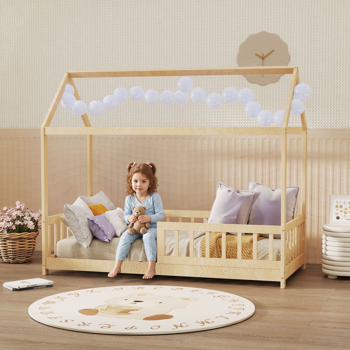 HOMCOM House-Shaped Kids Bed Frame with Guard Rails, Solid Pine Wood Single Bed Frame for Kids Boys and Girls, Natural
