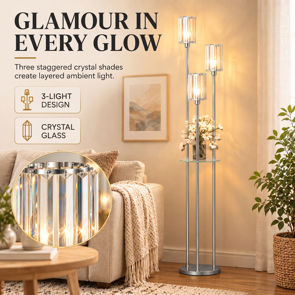 HOMCOM Floor Lamp with Shelves, 3-Light Crystal Standing Lamp with Glass Shades and Foot Switch, Bulbs Not Included, Chrome