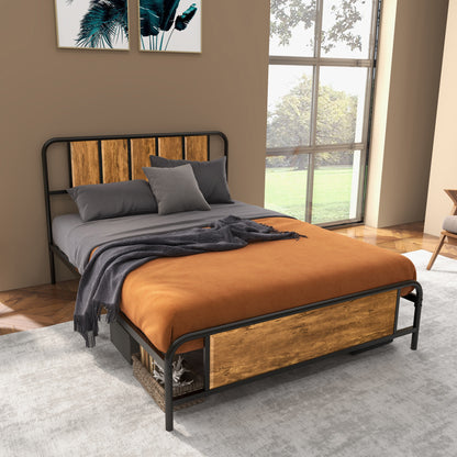HOMCOM 4.8ft Double Bed Frame with Industrial Wood Headboard, Steel Slat Support and 25.5cm Underbed Storage Space, 145 x 199cm, Rustic Brown