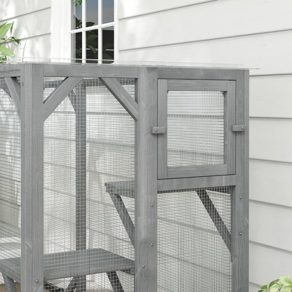 PawHut 71" Outdoor Wooden Cat House with Three Platforms, Large Door, Water-Resistant Roof, for Multiple Cats, Grey
