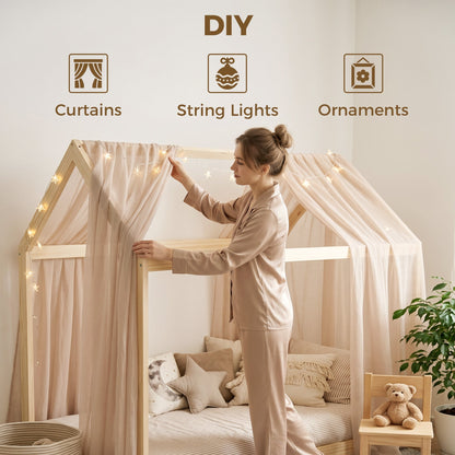 HOMCOM Single Bed Frame, House Scandinavian Wooden Bed Frame for 90W x 190Dcm Mattress, Pine Wood Bed Base, Natural Wood Finish