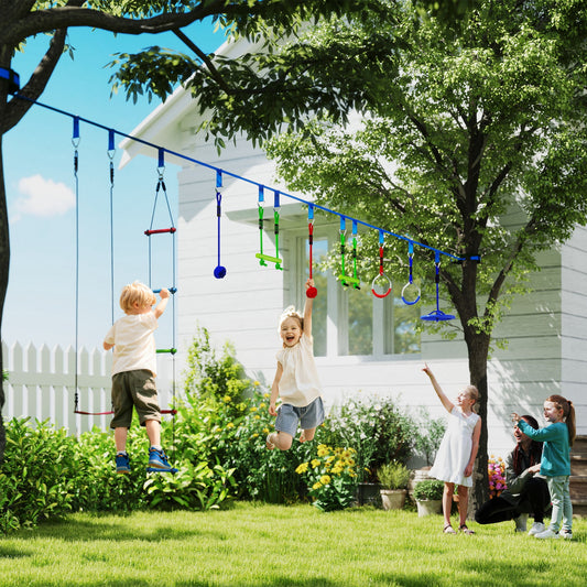 AIYAPLAY 10-Piece Zip Line Kit for Kids with 10m Slackline, Monkey Bars, Swing, Climbing Ladder, Hanging Tray, Metal Rings