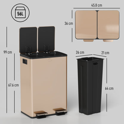 HOMCOM 56L Dual Compartment Stainless Steel Bin, with Deodoriser Holders - Gold Tone