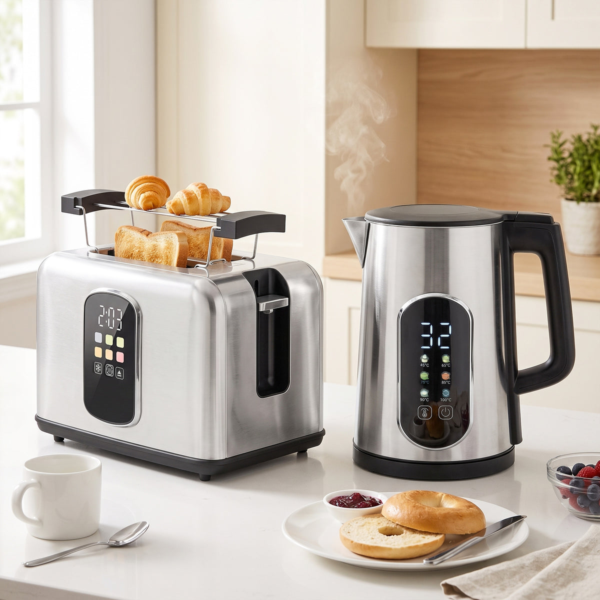 HOMCOM Kettle and Toaster Set with LED Touch Screen in Silver