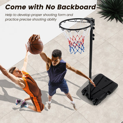 Two men playing basketball with the adjustable hoop