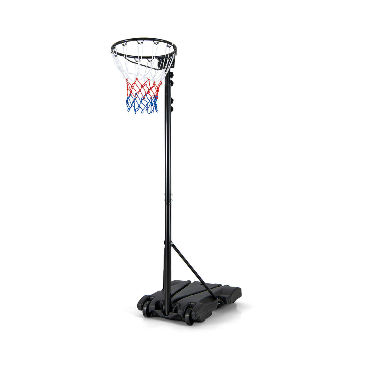 A basketball hoop and net on a portable stand