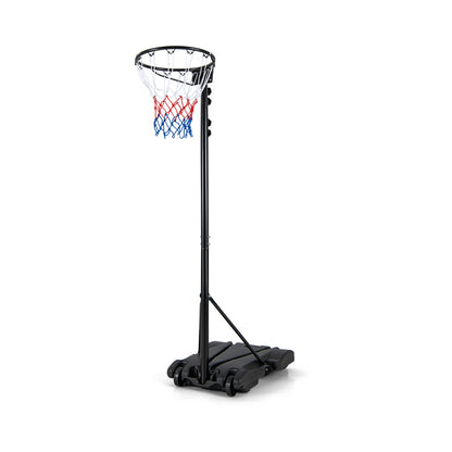 A basketball hoop and net on a portable stand