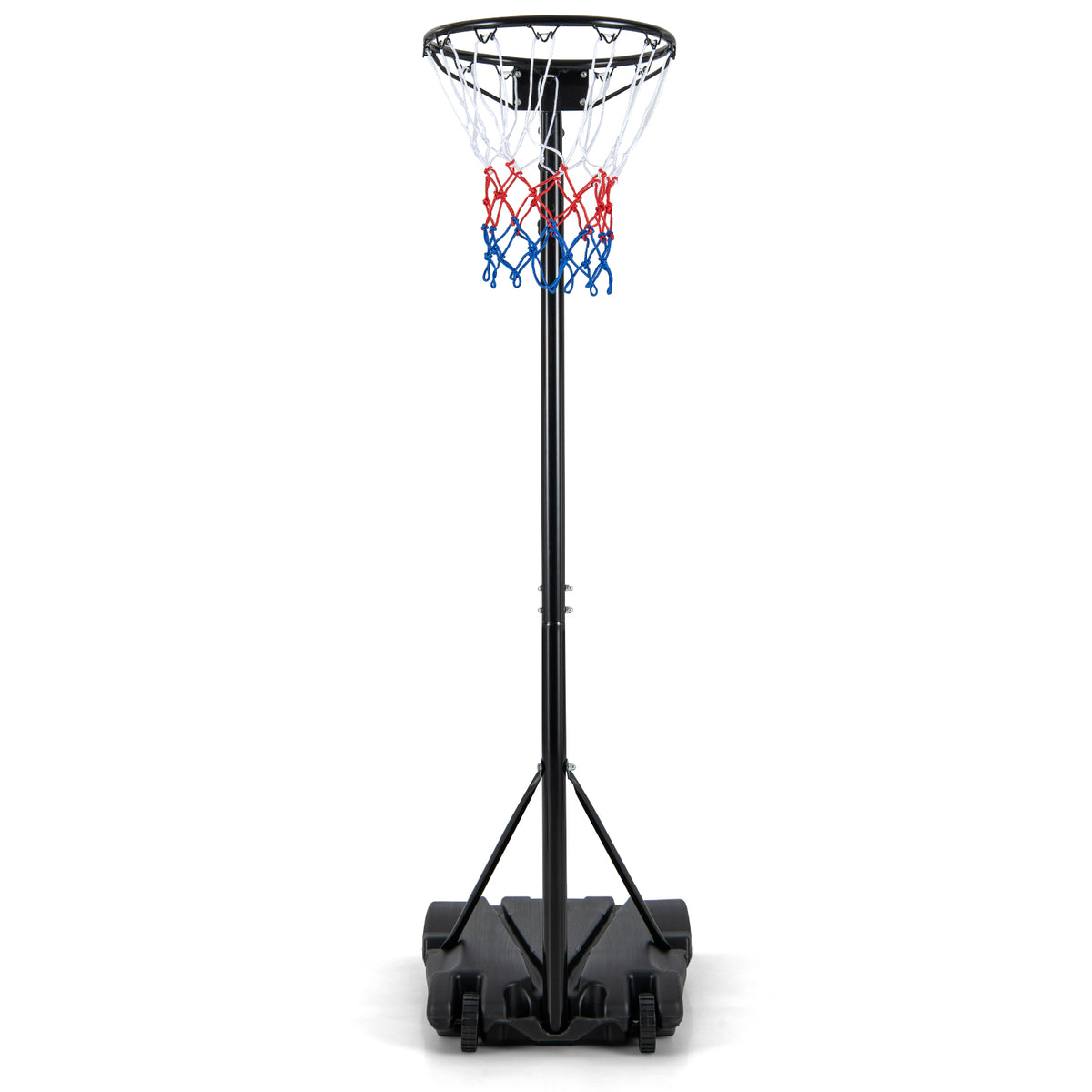 The adjustable basketball goal stands tall on its wheeled base