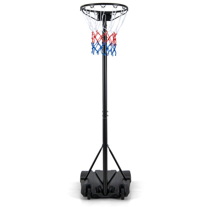 The adjustable basketball goal stands tall on its wheeled base