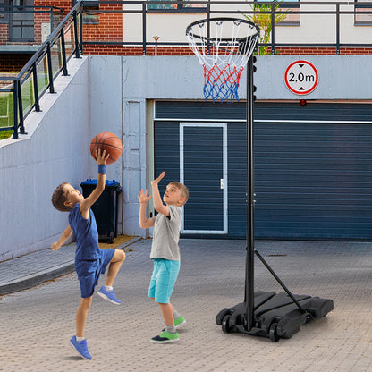 This sport equipment is shown with two children playing basketball outside