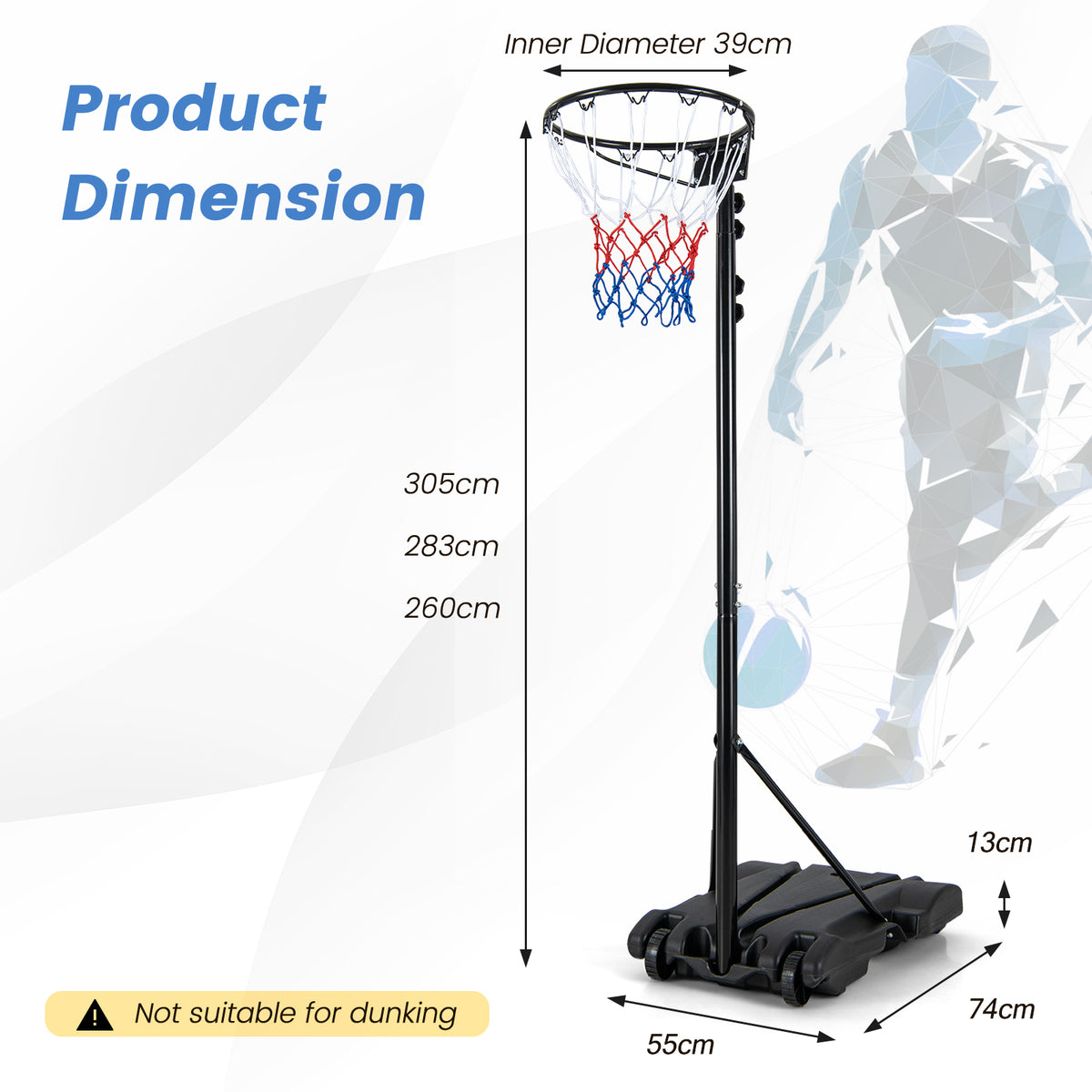 Diagram showing the dimensions of the basketball goal