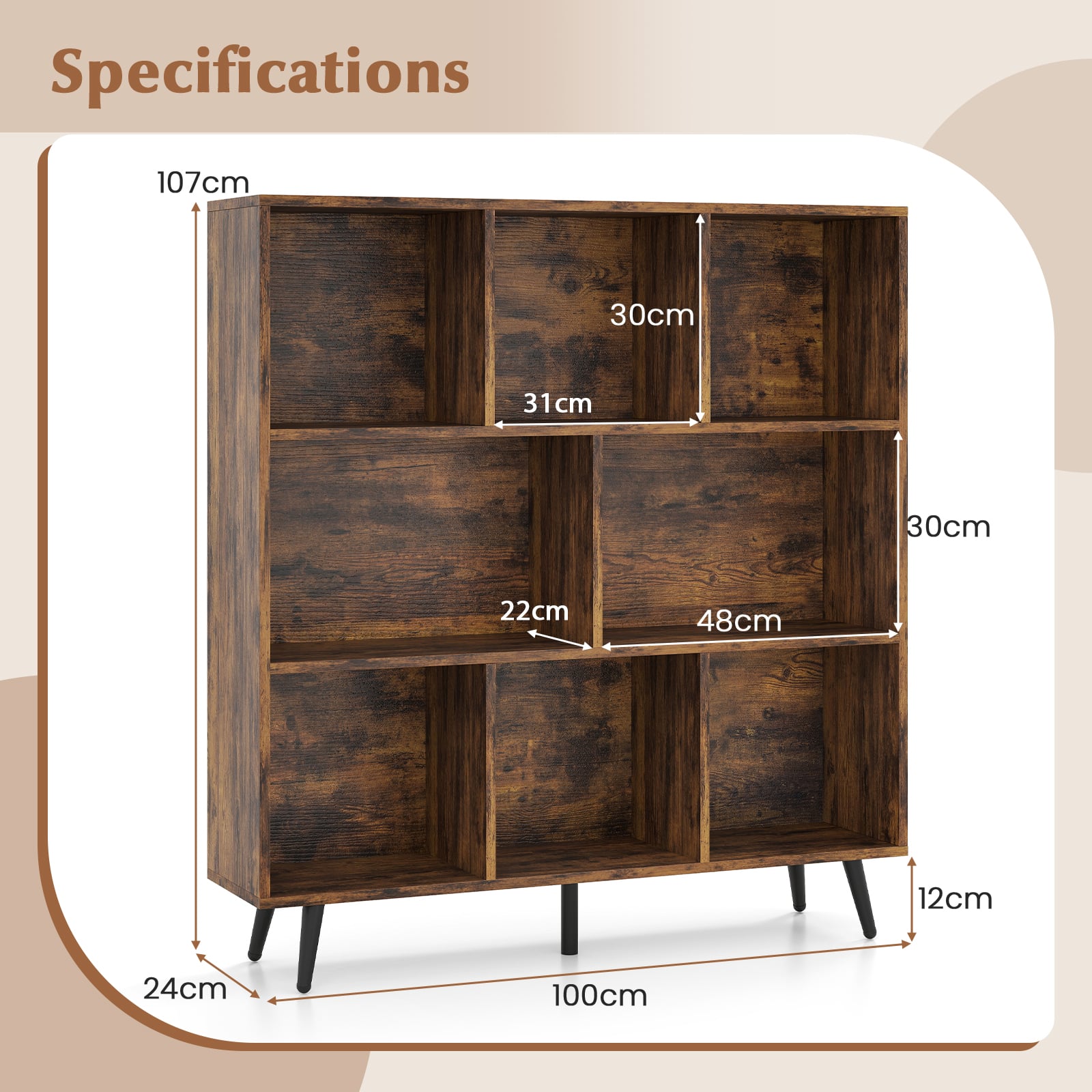 8-Cube Mid Century Modern Bookcase with 5 Tapered Metal Legs-Coffee