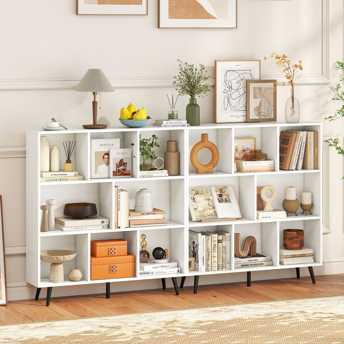 8-Cube Mid Century Modern Bookcase with 5 Tapered Metal Legs-White